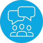 an icon of people talking on a blue circle background